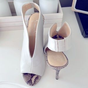 Jessica Simpson cream peep toe  heels with snakeskin trim